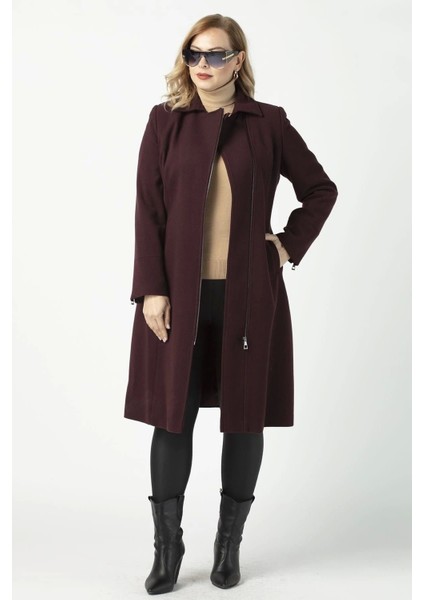 928 Mürdüm Ön Kol Fermuar Detaylı Büyük Beden Kaşe Kaban fiyatları