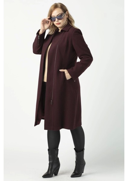 928 Mürdüm Ön Kol Fermuar Detaylı Büyük Beden Kaşe Kaban modelleri