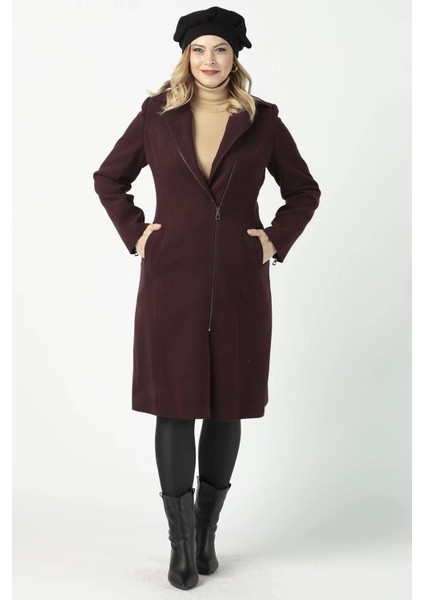 928 Mürdüm Ön Kol Fermuar Detaylı Büyük Beden Kaşe Kaban fırsatları