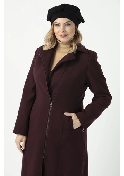 928 Mürdüm Ön Kol Fermuar Detaylı Büyük Beden Kaşe Kaban indirimleri