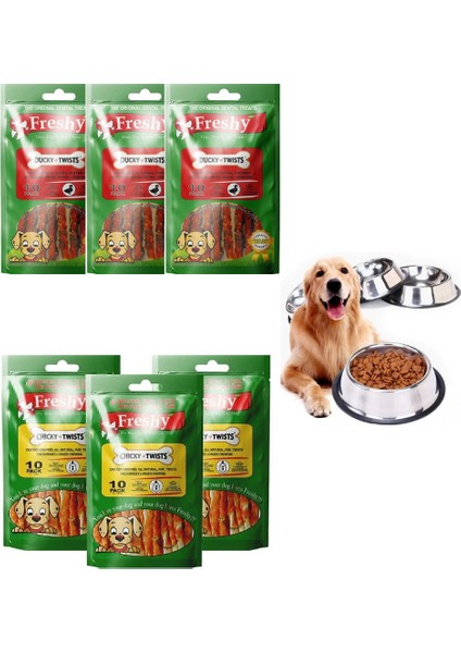 Ördek Kaplı Sütlü Burgu Köpek Ödülü 90 gr 3 Paketlik Set -Tavuk Eti Kaplı Burgu Çiğneme Çubuğu ve 1 Adet Çelik Mama Kabı