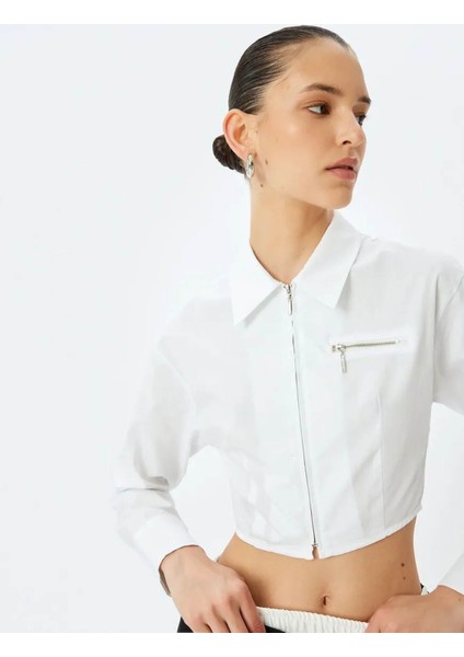 Slim Fit Uzun Kollu Klasik Yaka Crop Fermuarlı Beyaz Kadın Gömlek 5sak60136pw