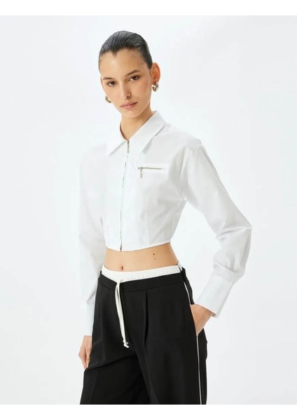 Slim Fit Uzun Kollu Klasik Yaka Crop Fermuarlı Beyaz Kadın Gömlek 5sak60136pw modelleri
