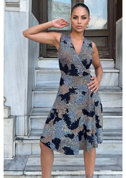 Kadın Lacivert Desenli, Dekolte Kruvaze Yaka, A Kesim, Kolsuz Midi Elbise