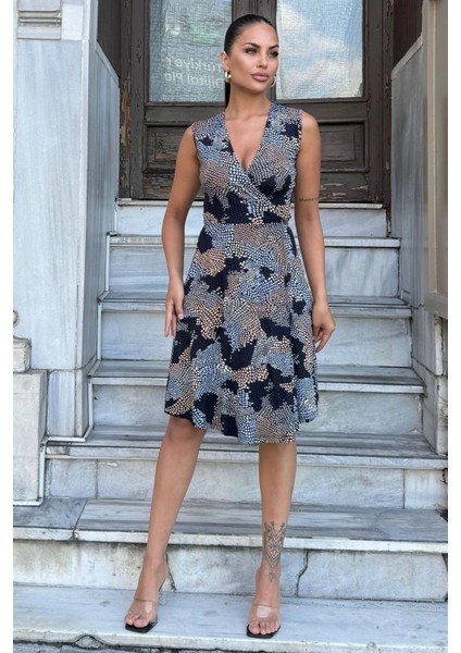 Kadın Lacivert Desenli, Dekolte Kruvaze Yaka, A Kesim, Kolsuz Midi Elbise fiyatları