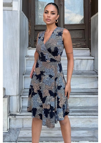 Kadın Lacivert Desenli, Dekolte Kruvaze Yaka, A Kesim, Kolsuz Midi Elbise modelleri