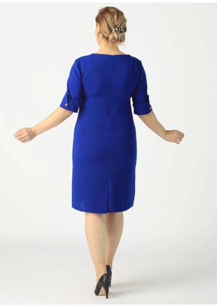 939 Saks Kolu Düğmeli Krep Büyük Beden Kısa Elbise modelleri