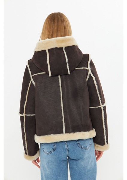 Hakiki Nubuk Deri Kapüşonlu Oversize Kadın Mont - Içi Kürklü - Kahverengi 65 cm - 115522 modelleri