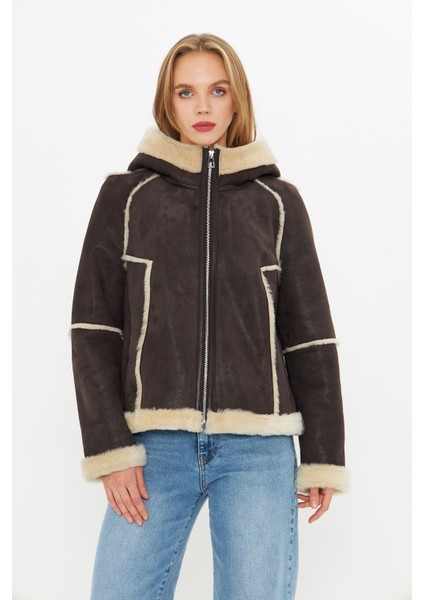 Hakiki Nubuk Deri Kapüşonlu Oversize Kadın Mont - Içi Kürklü - Kahverengi 65 cm - 115522 fırsatları