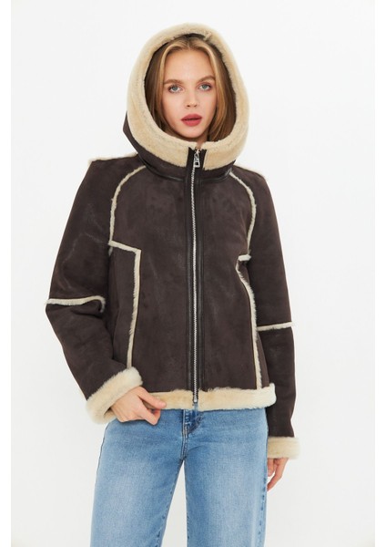 Hakiki Nubuk Deri Kapüşonlu Oversize Kadın Mont - Içi Kürklü - Kahverengi 65 cm - 115522