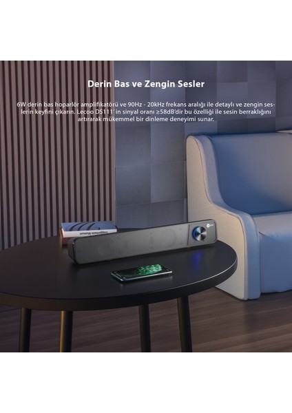 DS111 Bluetooth + Kablolu 6W Masaüstü Taşınabilir Stereo Soundbar Hoparlör Siyah