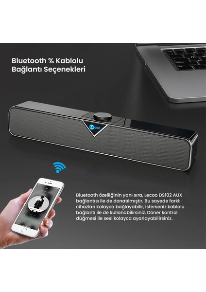 DS102 Bluetooth + Kablolu BT/USB/AUX Stereo 6W Soundbar Taşınabilir Hoparlör Siyah