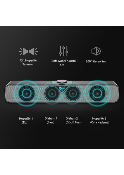 DS102 Bluetooth + Kablolu BT/USB/AUX Stereo 6W Soundbar Taşınabilir Hoparlör Siyah