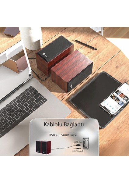 DS105 Kablolu USB + 3.5mm Jack Girişli 6W Stereo Masaüstü Ahşap Hoparlör