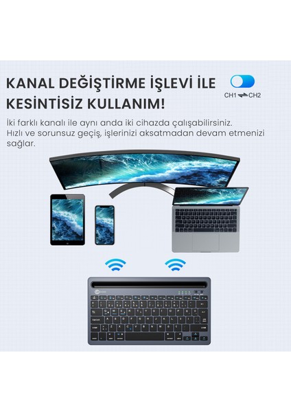 BK100 Kablosuz Bluetooth Çoklu Cihaz ile Uyumlu Şarj Edilebilir Türkçe Q Klavye Gri