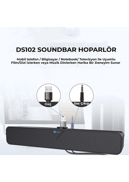 DS102 Kablolu USB/AUX 6W Soundbar Taşınabilir Stereo Hoparlör Siyah