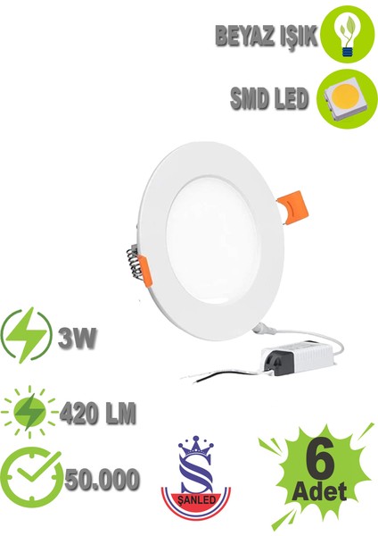 3W Tasarruflu LED Yuvarlak Beyaz Kasa Beyaz Işık Sıva Altı Slim Panel Tavan Armatürü-6 Adettir