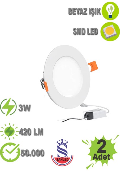 3W Tasarruflu LED Yuvarlak Beyaz Kasa Beyaz Işık Sıva Altı Slim Panel Tavan Armatürü-2 Adettir