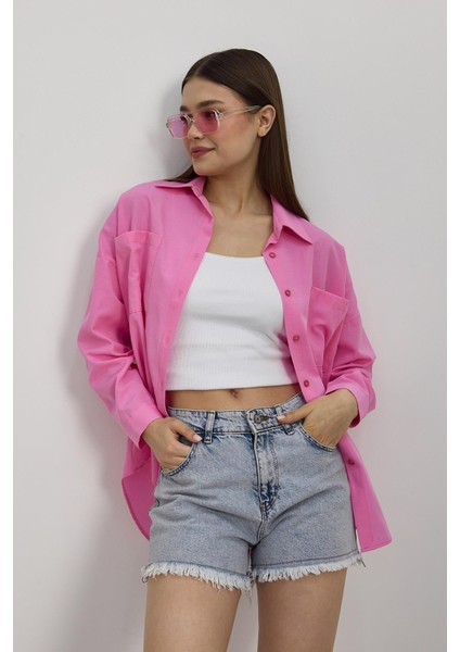 Önü Düğmeli Bayan Gömlek - 6256A Şeker Pembe