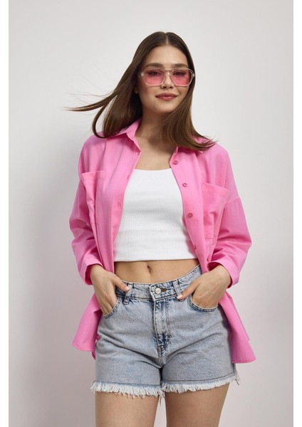 Önü Düğmeli Bayan Gömlek - 6256A Şeker Pembe
