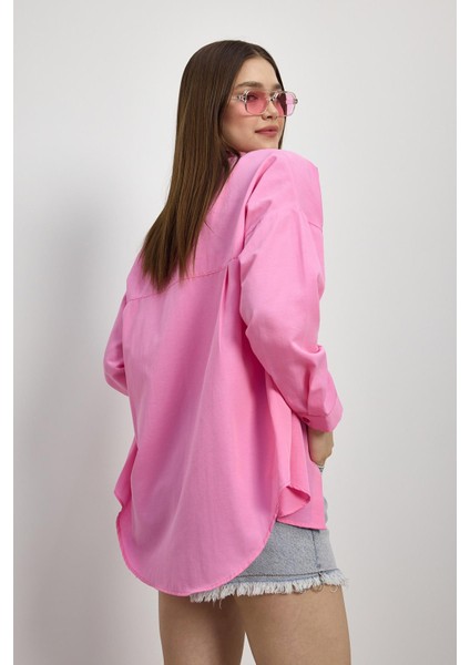 Önü Düğmeli Bayan Gömlek - 6256A Şeker Pembe