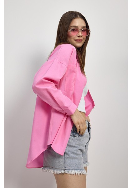 Önü Düğmeli Bayan Gömlek - 6256A Şeker Pembe