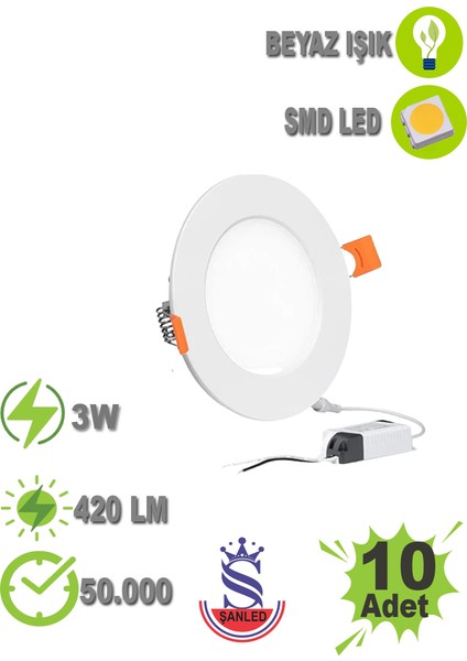 3W Tasarruflu LED Yuvarlak Beyaz Kasa Beyaz Işık Sıva Altı Slim Panel Tavan Armatürü-10 Adettir