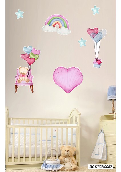 Bizerk Görsel Sevimli Ayı Gökkuşağı Yıldız Balon Çocuk/bebek Odası Kreş Duvar Yapışkanı Sticker