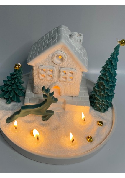 Yılbaşı Tealight Mumlu Ev Mumluk, Tabak, 2 Adet Çam Ağacı Mum, Inci Tozu Mum Seti