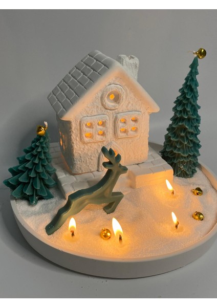 Yılbaşı Tealight Mumlu Ev Mumluk, Tabak, 2 Adet Çam Ağacı Mum, Inci Tozu Mum Seti