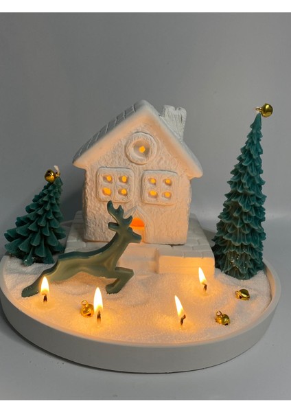 Yılbaşı Tealight Mumlu Ev Mumluk, Tabak, 2 Adet Çam Ağacı Mum, Inci Tozu Mum Seti