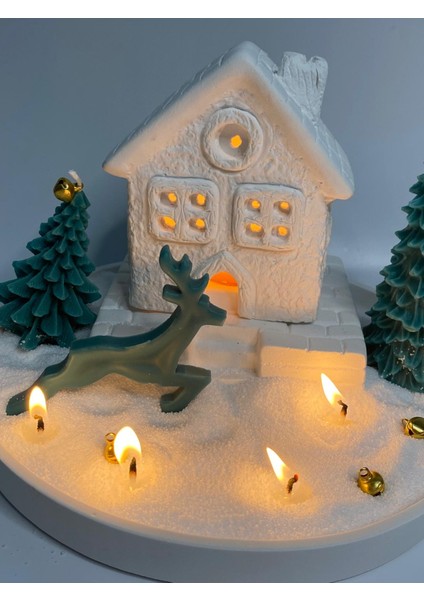 Yılbaşı Tealight Mumlu Ev Mumluk, Tabak, 2 Adet Çam Ağacı Mum, Inci Tozu Mum Seti