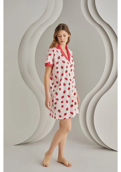 Pembe Strawberry Önden Düğmeli Tek Gecelik