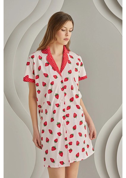 Pembe Strawberry Önden Düğmeli Tek Gecelik