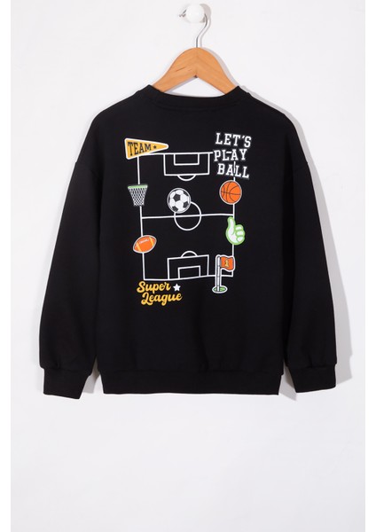 Siyah Sırtı Play Baskılı Bisiklet Yaka Erkek Çocuk Sweatshirt 19664