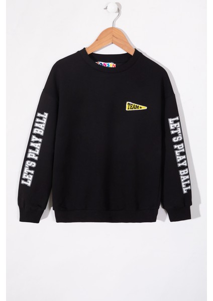 Siyah Sırtı Play Baskılı Bisiklet Yaka Erkek Çocuk Sweatshirt 19664