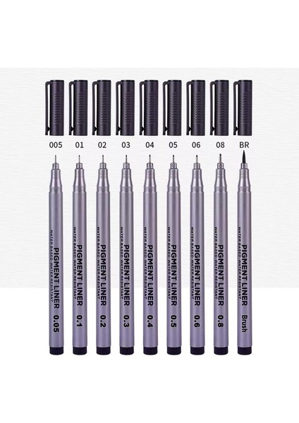 Pigmentli Teknik Çizim Kalemi Su Geçirmez Siyah 9'lu Set 0,05-0,8 mm Uç Kalınlıklarıyla
