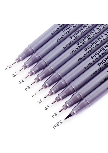 Pigmentli Teknik Çizim Kalemi Su Geçirmez Siyah 9'lu Set 0,05-0,8 mm Uç Kalınlıklarıyla modelleri