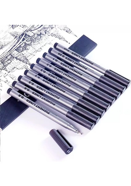 Pigmentli Teknik Çizim Kalemi Su Geçirmez Siyah 9'lu Set 0,05-0,8 mm Uç Kalınlıklarıyla fırsatları