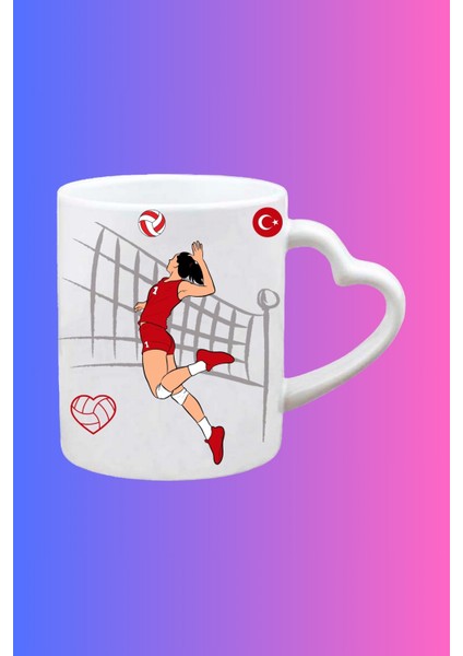 Voleybol Temalı Kadın Oyuncu Baskılı Kalpli Kulp Kupa Bardak Çay Kahve Fincanı-1
