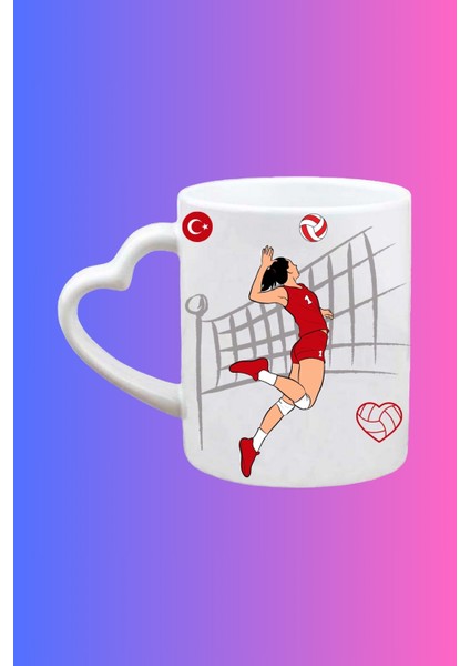 Voleybol Temalı Kadın Oyuncu Baskılı Kalpli Kulp Kupa Bardak Çay Kahve Fincanı-1