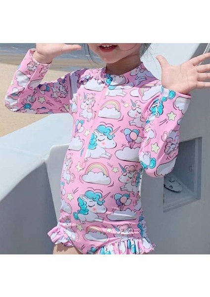 Unicorn Uzun Kollu Pembe Mint Gökkuşağı Balonlu Kız Çocuk Mayo