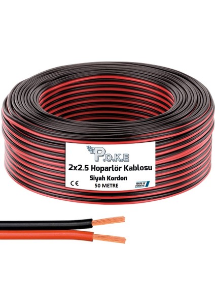 Oto Elektrik ve Ses Sistemi Hoparlör Kablosu Kordon 2x 2,5mm Siyah Kırmızı Çizgili 50 Metre