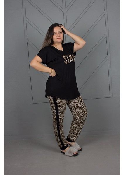 Büyük Beden Paçası Latikli V Yaka Pijama Takım