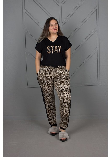Büyük Beden Paçası Latikli V Yaka Pijama Takım