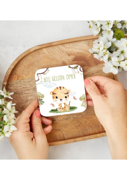Kişiye Özel Hoş Geldin Bebek Temalı Ahşap Bardak Altlıkları - 50\'li Set modelleri