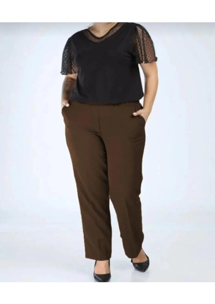 Kadın Beli Düğmeli Yanlastikli Boru Paça Pantolon