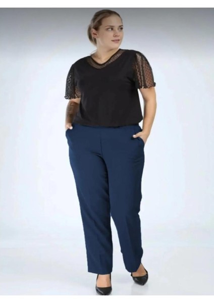 Kadın Beli Düğmeli Yanlastikli Boru Paça Pantolon