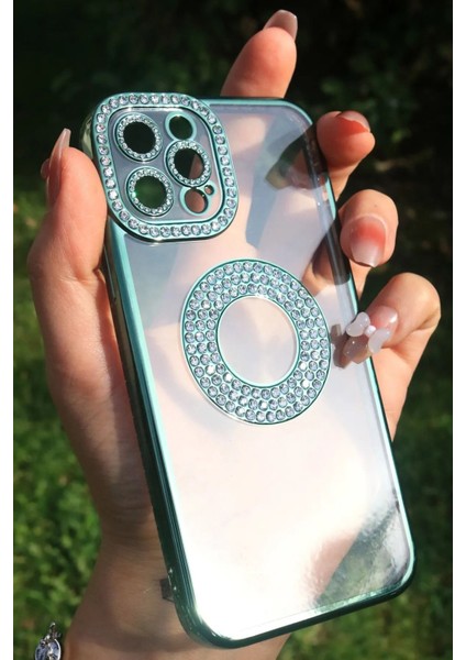 Iphone 12 Pro Kılıf Kamera Korumalı Taşlı Parlak Logo Açık Seffaf Kadın Kapak