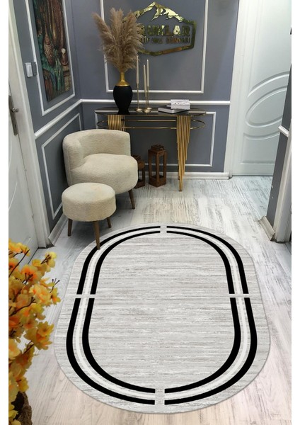 Kaymaz Taban Yıkanabilir Dijital Baskı Oval Kesim Dekoratif Modern Desenli Dot Taban Halı OVAL010